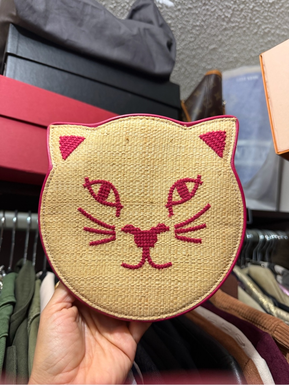 Charlotte Olympia Cat Face Straw purse – Pink leather trim